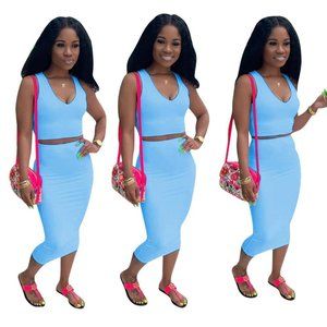 Two Piece Bodycon Sleeveless V-Neck Crop Top & High Rise Midi Skirt Set Blue L